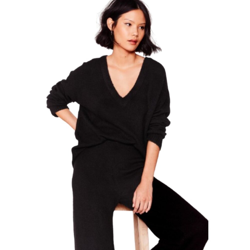 Nasty Gal Black V-Neck Knits A Match Sweater and Wide Leg Pants Set Size Large